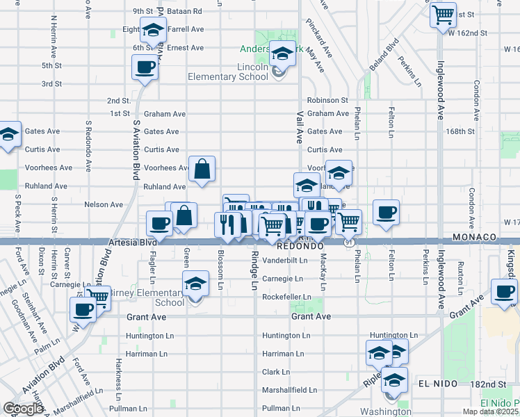 map of restaurants, bars, coffee shops, grocery stores, and more near 2202 Nelson Avenue in Redondo Beach