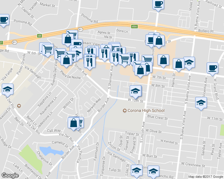 map of restaurants, bars, coffee shops, grocery stores, and more near 1275 West 9th Street in Corona