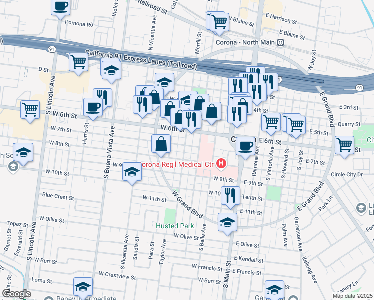 map of restaurants, bars, coffee shops, grocery stores, and more near 424 West 7th Street in Corona