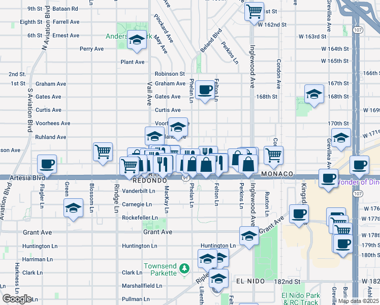 map of restaurants, bars, coffee shops, grocery stores, and more near 2422 Nelson Avenue in Redondo Beach