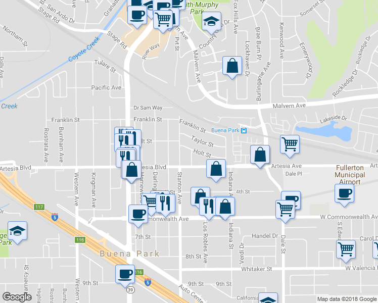 map of restaurants, bars, coffee shops, grocery stores, and more near 8042 Holt Street in Buena Park