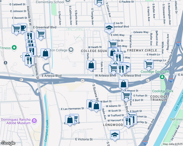 map of restaurants, bars, coffee shops, grocery stores, and more near 1241 East Artesia Boulevard in Compton