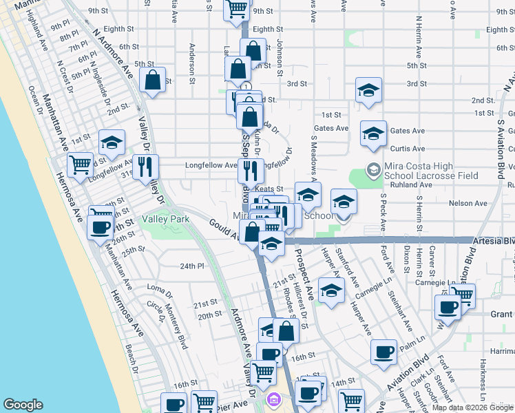map of restaurants, bars, coffee shops, grocery stores, and more near 1140 Shelley Street in Manhattan Beach