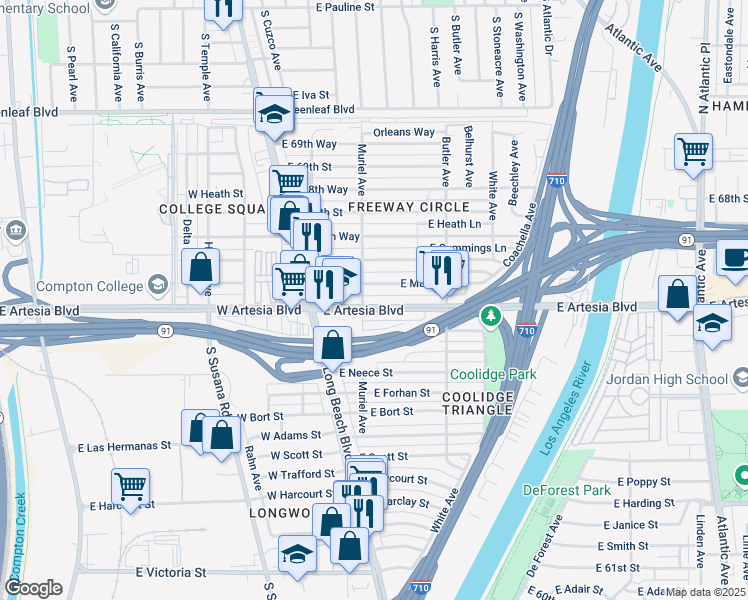 map of restaurants, bars, coffee shops, grocery stores, and more near 209 East Artesia Boulevard in Long Beach
