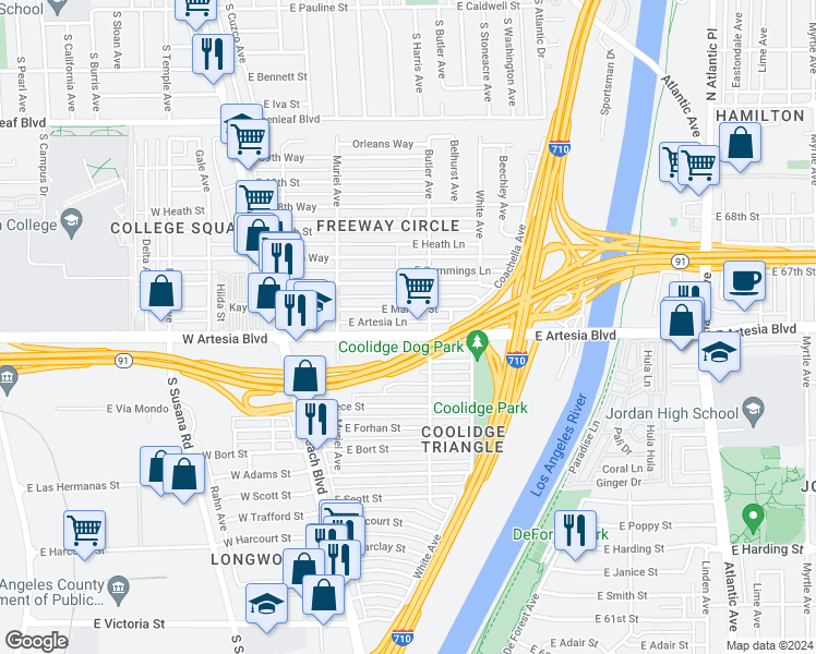 map of restaurants, bars, coffee shops, grocery stores, and more near 275 East Artesia Boulevard in Long Beach