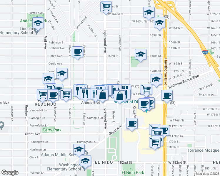 map of restaurants, bars, coffee shops, grocery stores, and more near 4734 West 172nd Street in Lawndale