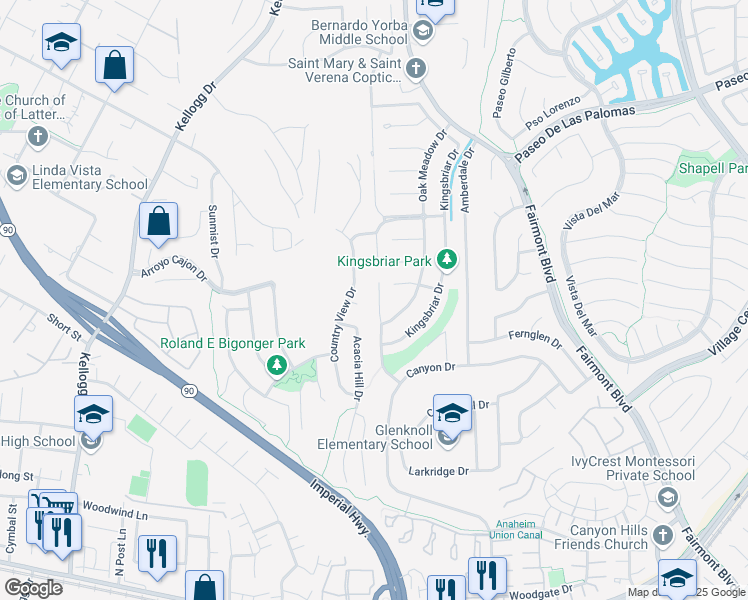 map of restaurants, bars, coffee shops, grocery stores, and more near 6001 Brookmont Drive in Yorba Linda