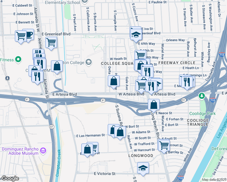 map of restaurants, bars, coffee shops, grocery stores, and more near 1241 East Artesia Boulevard in Compton