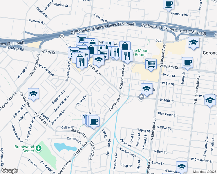 map of restaurants, bars, coffee shops, grocery stores, and more near 1394 Woodbrook Square in Corona