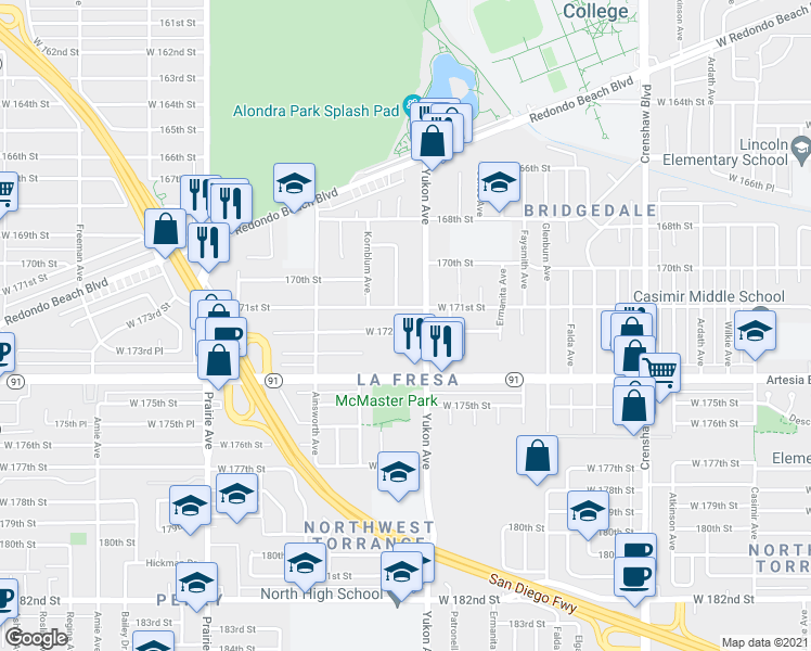 map of restaurants, bars, coffee shops, grocery stores, and more near 3617 West 172nd Street in Torrance