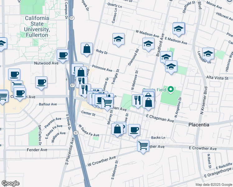 map of restaurants, bars, coffee shops, grocery stores, and more near 449 Melody Lane in Placentia