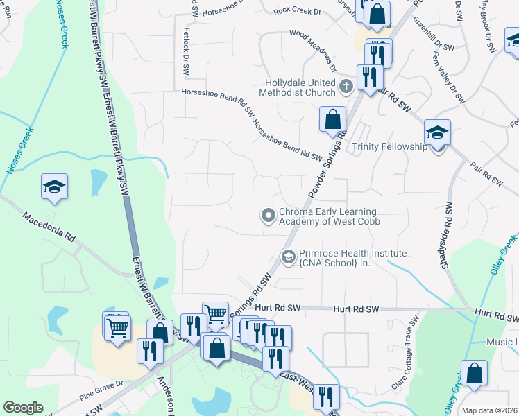 map of restaurants, bars, coffee shops, grocery stores, and more near 3277 Willa Way in Marietta