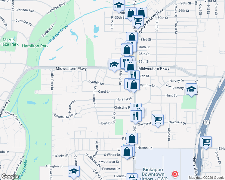 map of restaurants, bars, coffee shops, grocery stores, and more near 1562 Carol Lane in Wichita Falls