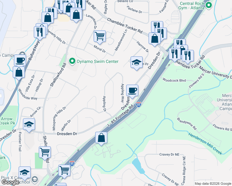 map of restaurants, bars, coffee shops, grocery stores, and more near 2949 Appling Cir in Atlanta
