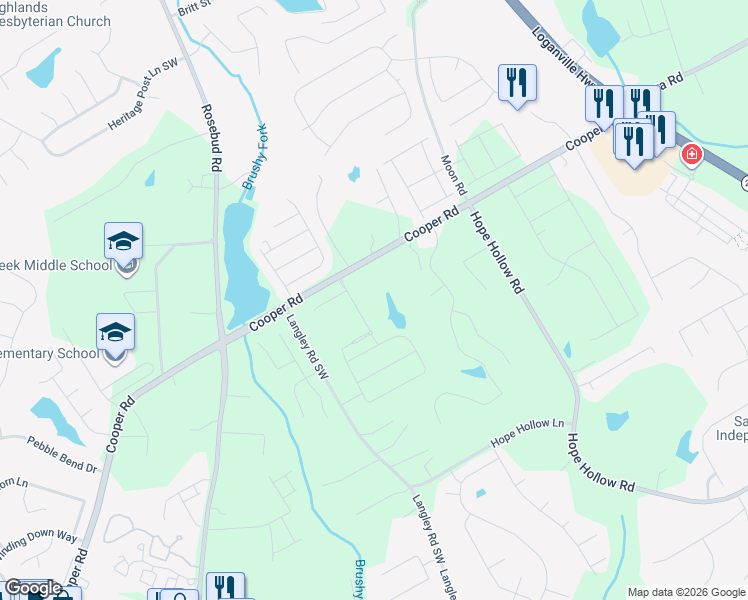 map of restaurants, bars, coffee shops, grocery stores, and more near 560 Cooper Road in Loganville