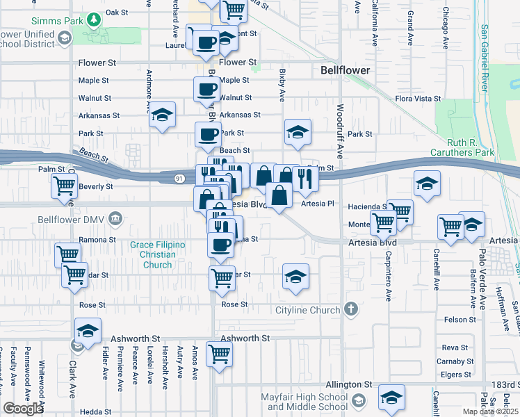 map of restaurants, bars, coffee shops, grocery stores, and more near 9908 Artesia Boulevard in Bellflower