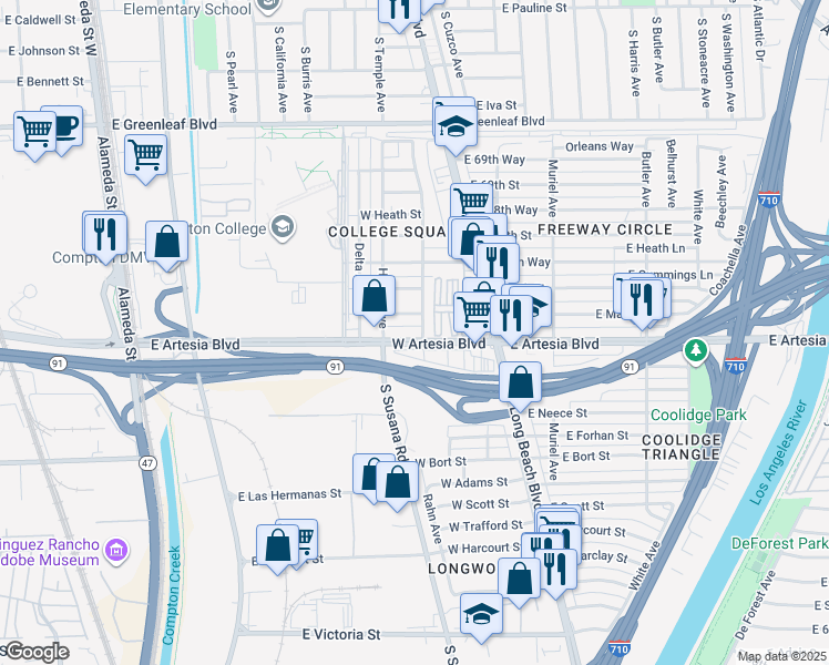 map of restaurants, bars, coffee shops, grocery stores, and more near 209 W Artesia Blvd in Long Beach