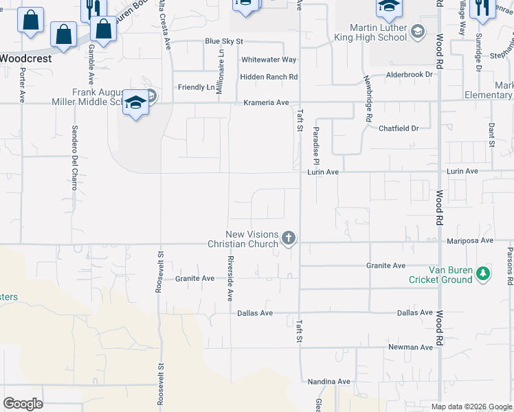 map of restaurants, bars, coffee shops, grocery stores, and more near 18574 Lurin Avenue in Riverside