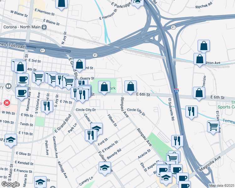 map of restaurants, bars, coffee shops, grocery stores, and more near in Corona
