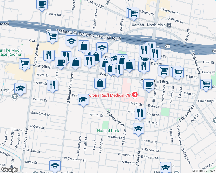 map of restaurants, bars, coffee shops, grocery stores, and more near 601 West 8th Street in Corona