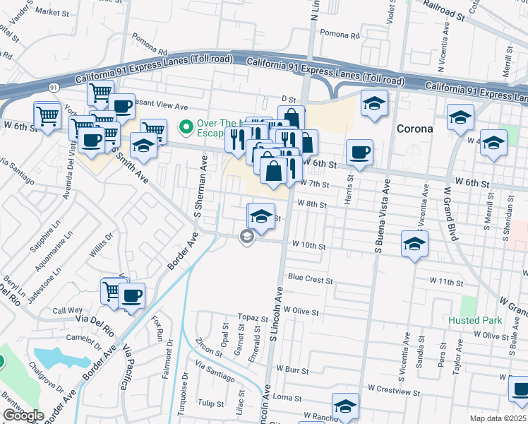 map of restaurants, bars, coffee shops, grocery stores, and more near 1131 West 9th Street in Corona
