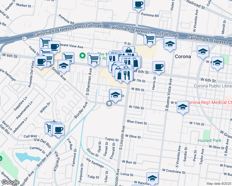 map of restaurants, bars, coffee shops, grocery stores, and more near 1131 West 9th Street in Corona