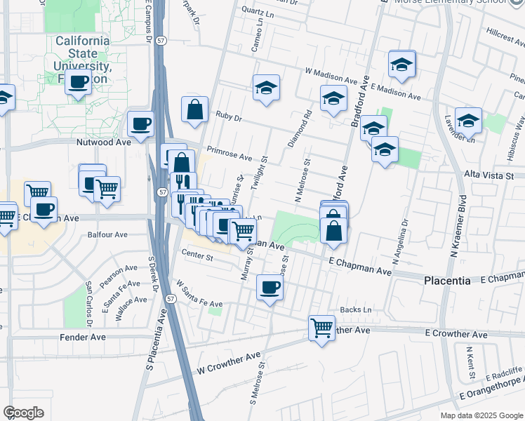 map of restaurants, bars, coffee shops, grocery stores, and more near 509 Melody Lane in Placentia