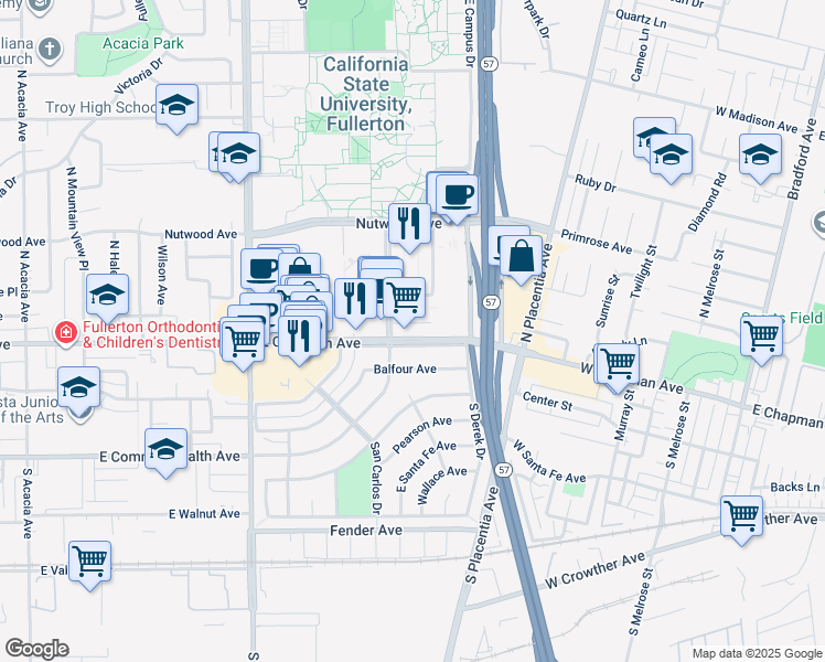 map of restaurants, bars, coffee shops, grocery stores, and more near 2601 East Chapman Avenue in Fullerton