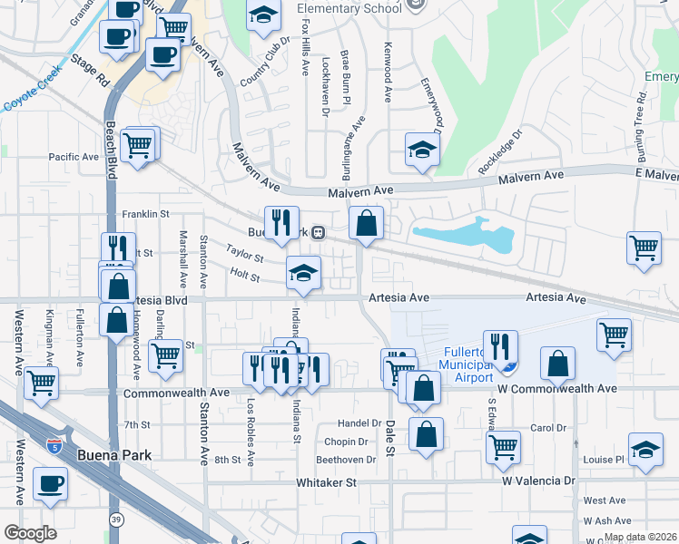 map of restaurants, bars, coffee shops, grocery stores, and more near 85 Koehler Crossing in Buena Park