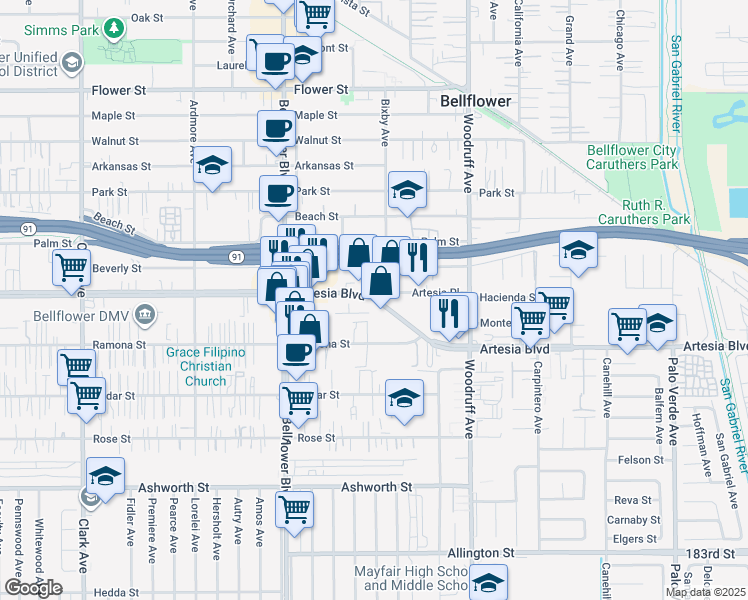 map of restaurants, bars, coffee shops, grocery stores, and more near 9928 Artesia Boulevard in Bellflower