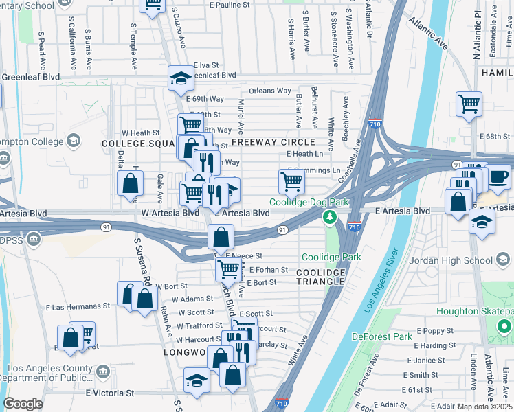 map of restaurants, bars, coffee shops, grocery stores, and more near 209 East Artesia Boulevard in Long Beach