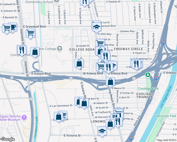 map of restaurants, bars, coffee shops, grocery stores, and more near 209 West Artesia Boulevard in Long Beach