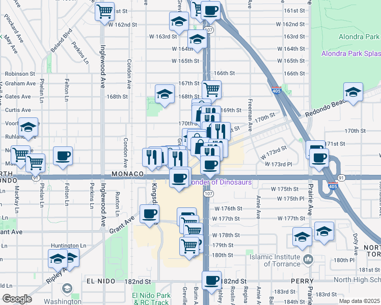 map of restaurants, bars, coffee shops, grocery stores, and more near 4450 West 172nd Street in Lawndale