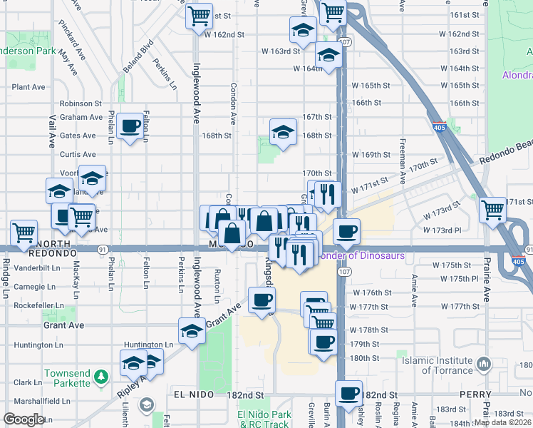 map of restaurants, bars, coffee shops, grocery stores, and more near 4580 West 172nd Street in Lawndale