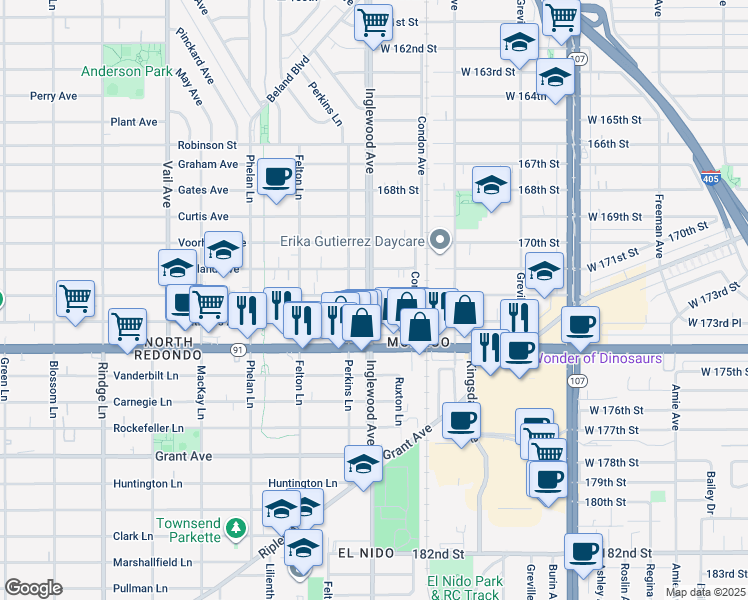map of restaurants, bars, coffee shops, grocery stores, and more near 4734 West 172nd Street in Lawndale