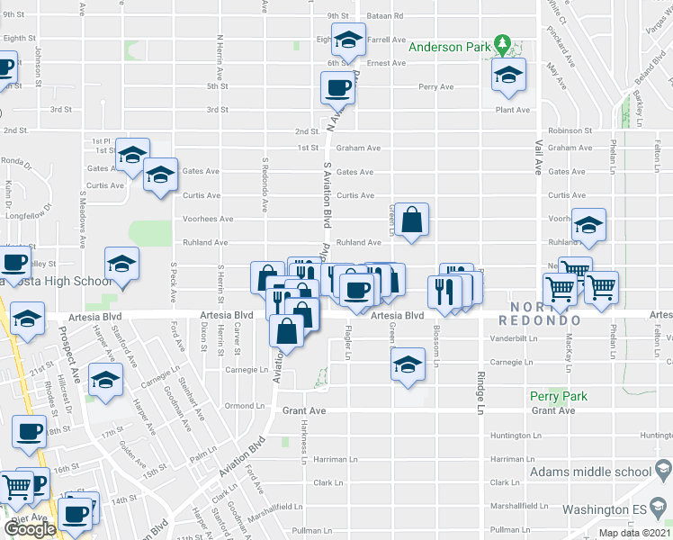 map of restaurants, bars, coffee shops, grocery stores, and more near 2108a Aviation Way in Redondo Beach