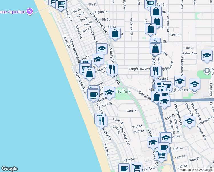 map of restaurants, bars, coffee shops, grocery stores, and more near 424 28th Street in Hermosa Beach