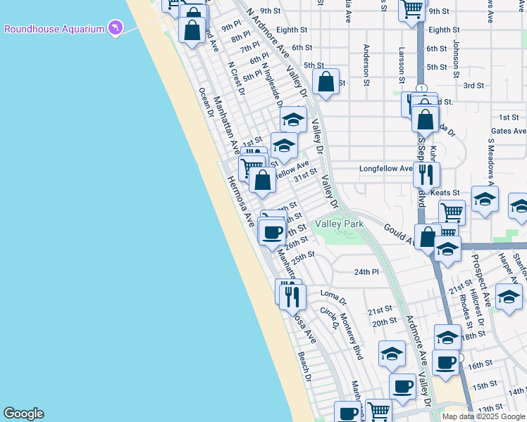 map of restaurants, bars, coffee shops, grocery stores, and more near 14 30th Place in Hermosa Beach