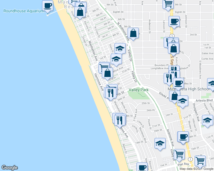 map of restaurants, bars, coffee shops, grocery stores, and more near 14 30th Place in Hermosa Beach