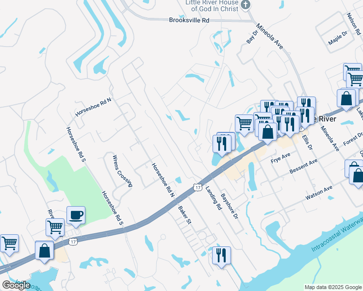 map of restaurants, bars, coffee shops, grocery stores, and more near 101 Zostera Drive in Little River