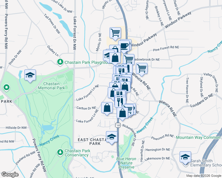 map of restaurants, bars, coffee shops, grocery stores, and more near 176 Lake Forrest Lane Northeast in Atlanta