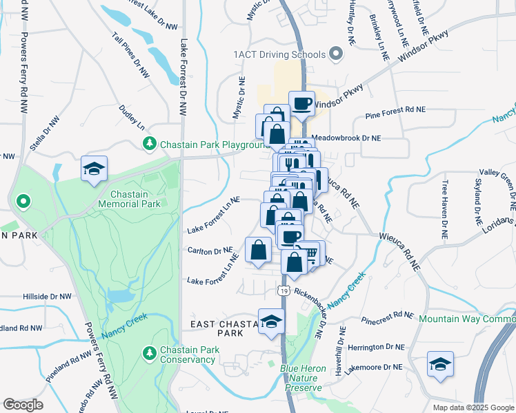 map of restaurants, bars, coffee shops, grocery stores, and more near 157 Lake Forrest Lane Northeast in Atlanta