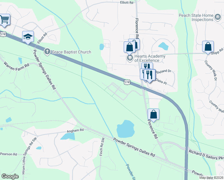 map of restaurants, bars, coffee shops, grocery stores, and more near 3386 Thornbridge Drive in Powder Springs