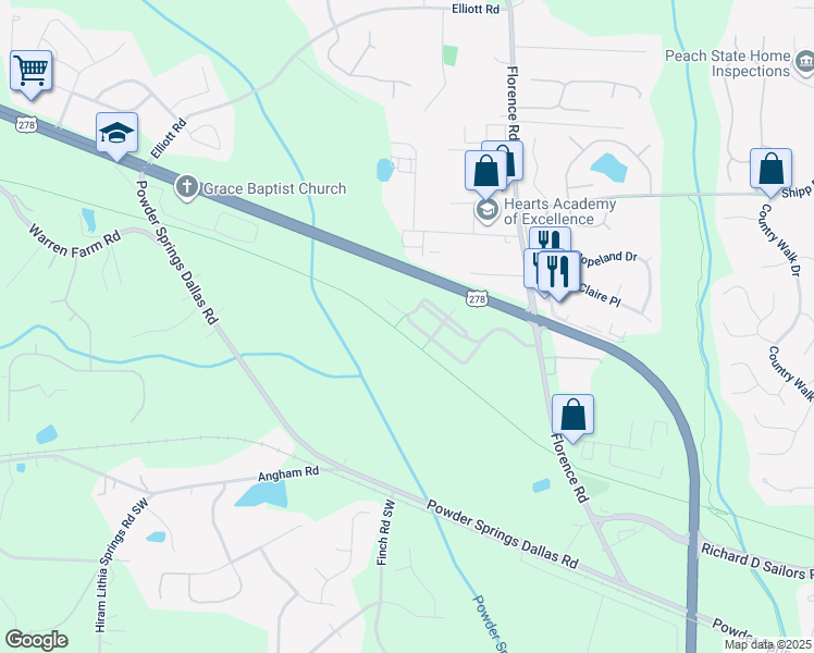map of restaurants, bars, coffee shops, grocery stores, and more near 3391 Thornbridge Drive in Powder Springs