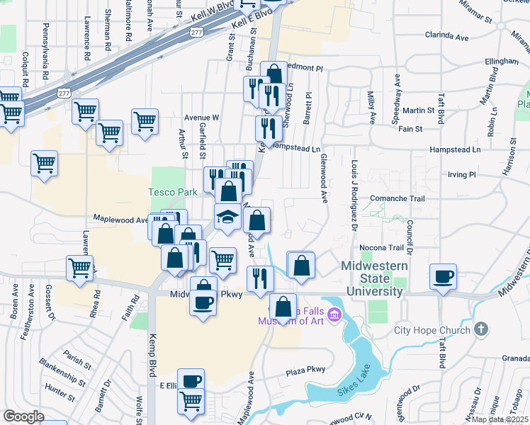 map of restaurants, bars, coffee shops, grocery stores, and more near 3611 Maplewood Avenue in Wichita Falls
