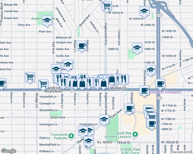 map of restaurants, bars, coffee shops, grocery stores, and more near 2616 Nelson Avenue in Redondo Beach