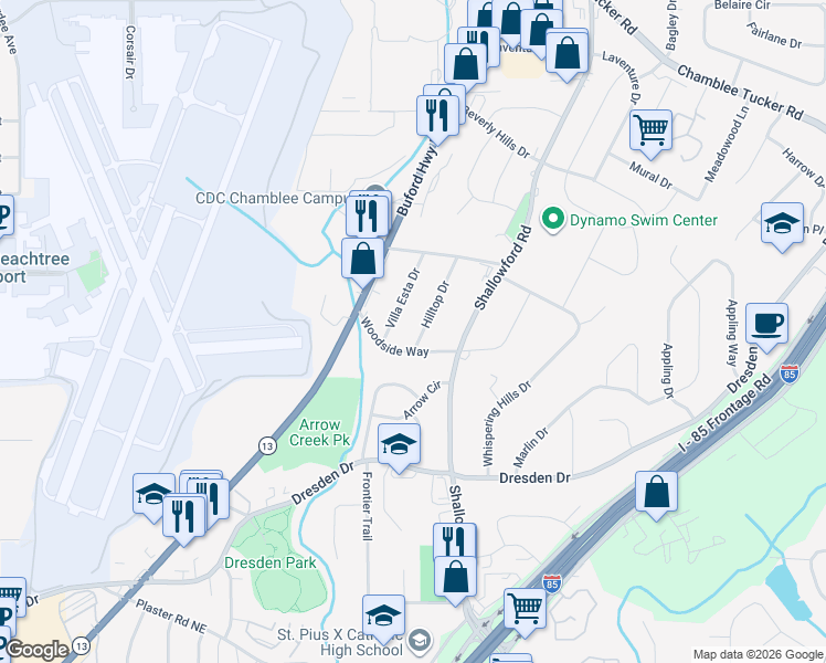 map of restaurants, bars, coffee shops, grocery stores, and more near 2953 Villa Esta Drive in Chamblee