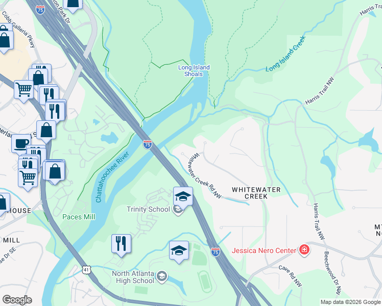 map of restaurants, bars, coffee shops, grocery stores, and more near 4000 Whitewater Creek Road Northwest in Atlanta