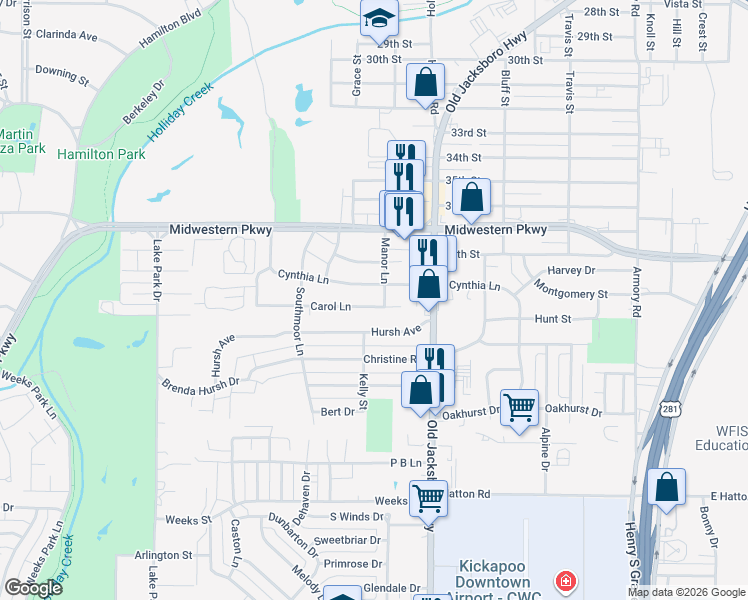 map of restaurants, bars, coffee shops, grocery stores, and more near 1562 Carol Lane in Wichita Falls