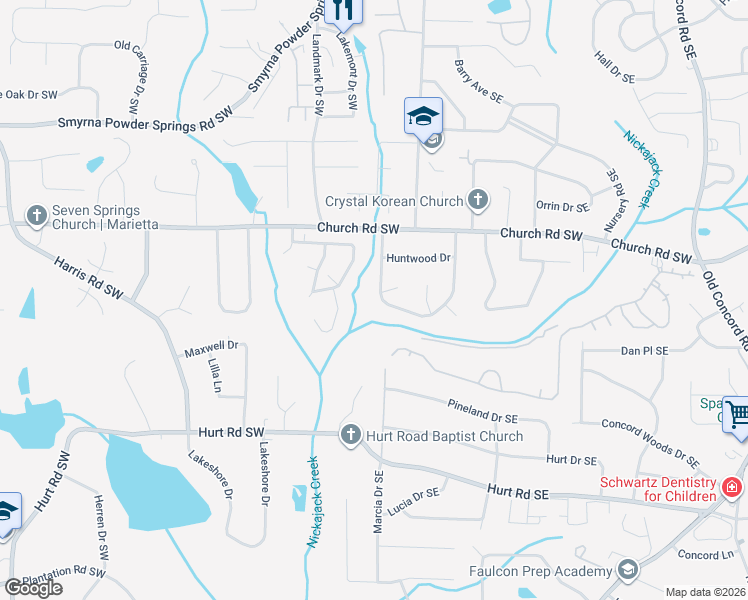 map of restaurants, bars, coffee shops, grocery stores, and more near 3220 Foxwood Trail Southeast in Smyrna